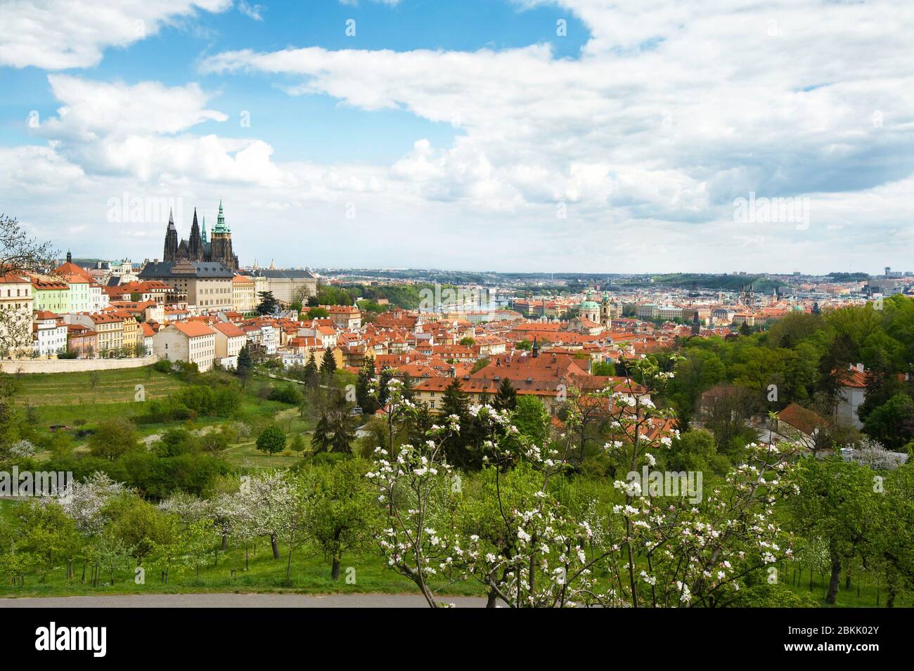 Prag Panorama - Frühling Blick auf die Burg mit St. Veit Kathedrale und Altstadt von Hügel Strahov Garten mit frischen grünen Apfelbäumen in Blüte Stockfoto Prag Panorama - Frühling Blick auf die Burg mit St. Veit Kathedrale und Altstadt von Hügel Strahov Garten mit frischen grünen Apfelbäumen in Blüte Stockfoto