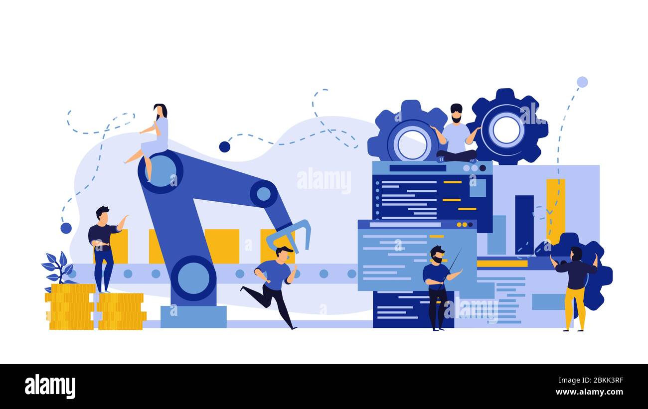 Vektor Business Industrie Roboter Fabrik Konzept Illustration Zukunft Produktionsprozess mit Infografik und Menschen. Intelligente Revolution Technologie m Stock Vektor