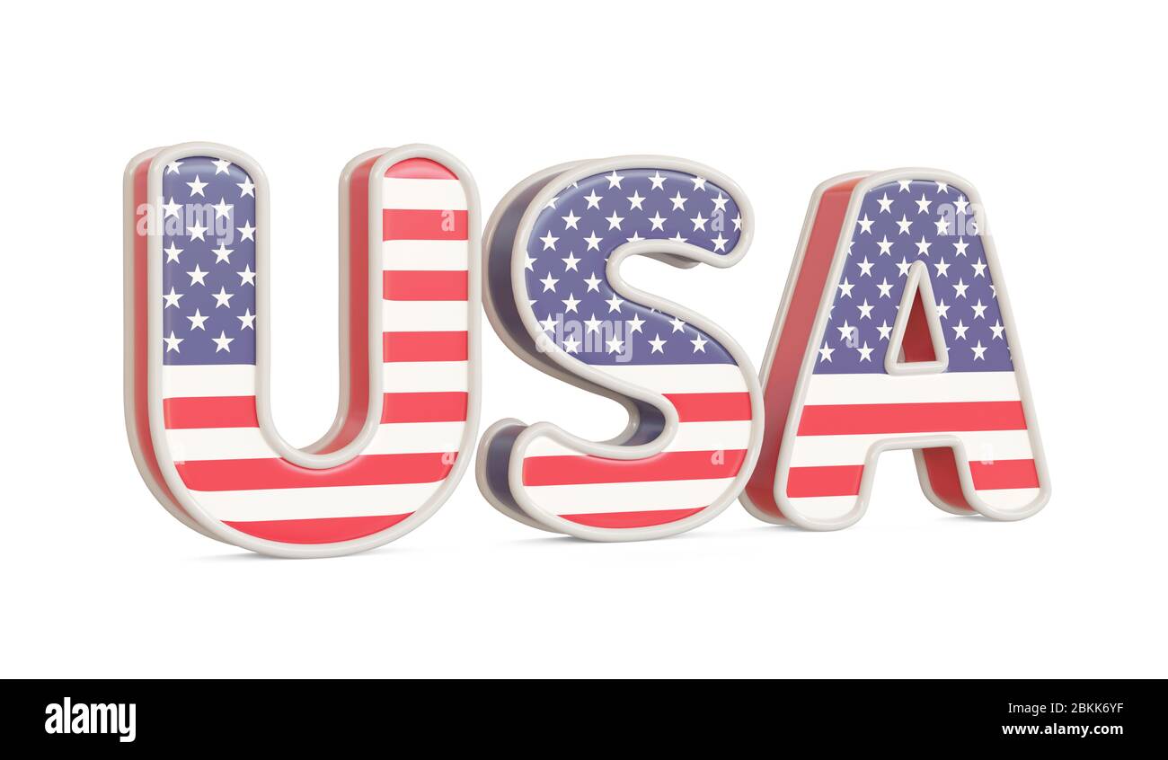 USA 3d Text mit Flaggentextur, isoliert auf weiß. 3d-Bild Stockfoto