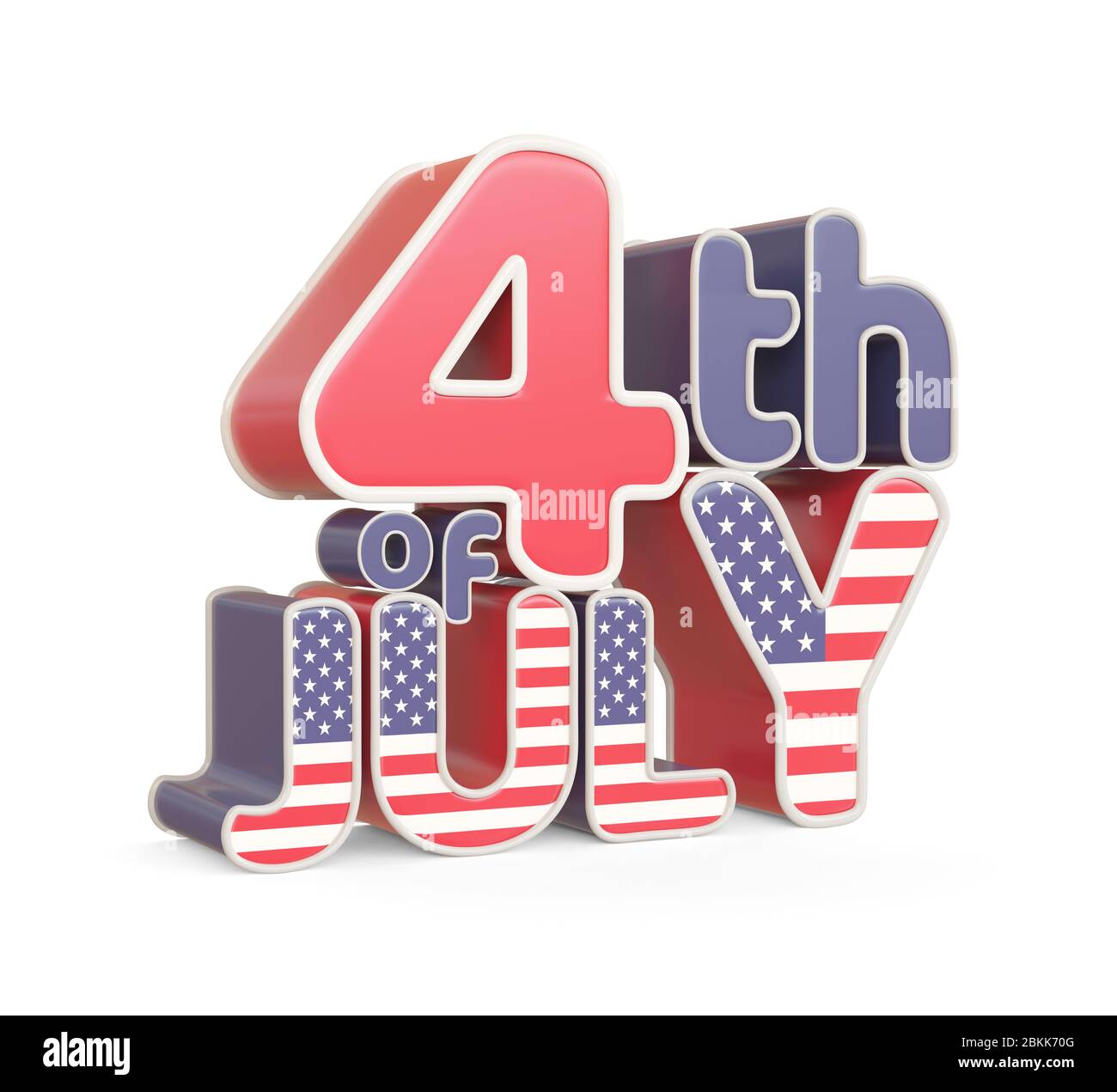 4. Juli 3d Text mit US Flagge Textur, isoliert auf weiß. 3d-Bild Stockfoto