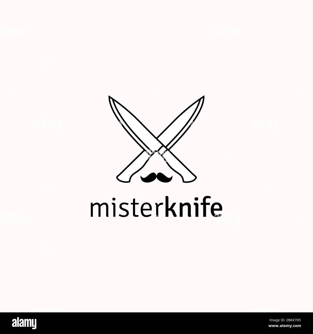 mister Messer Logo, Vintage Retro Linie Kunst Küche Messer mit Schnurrbart Logo Design Stock Vektor