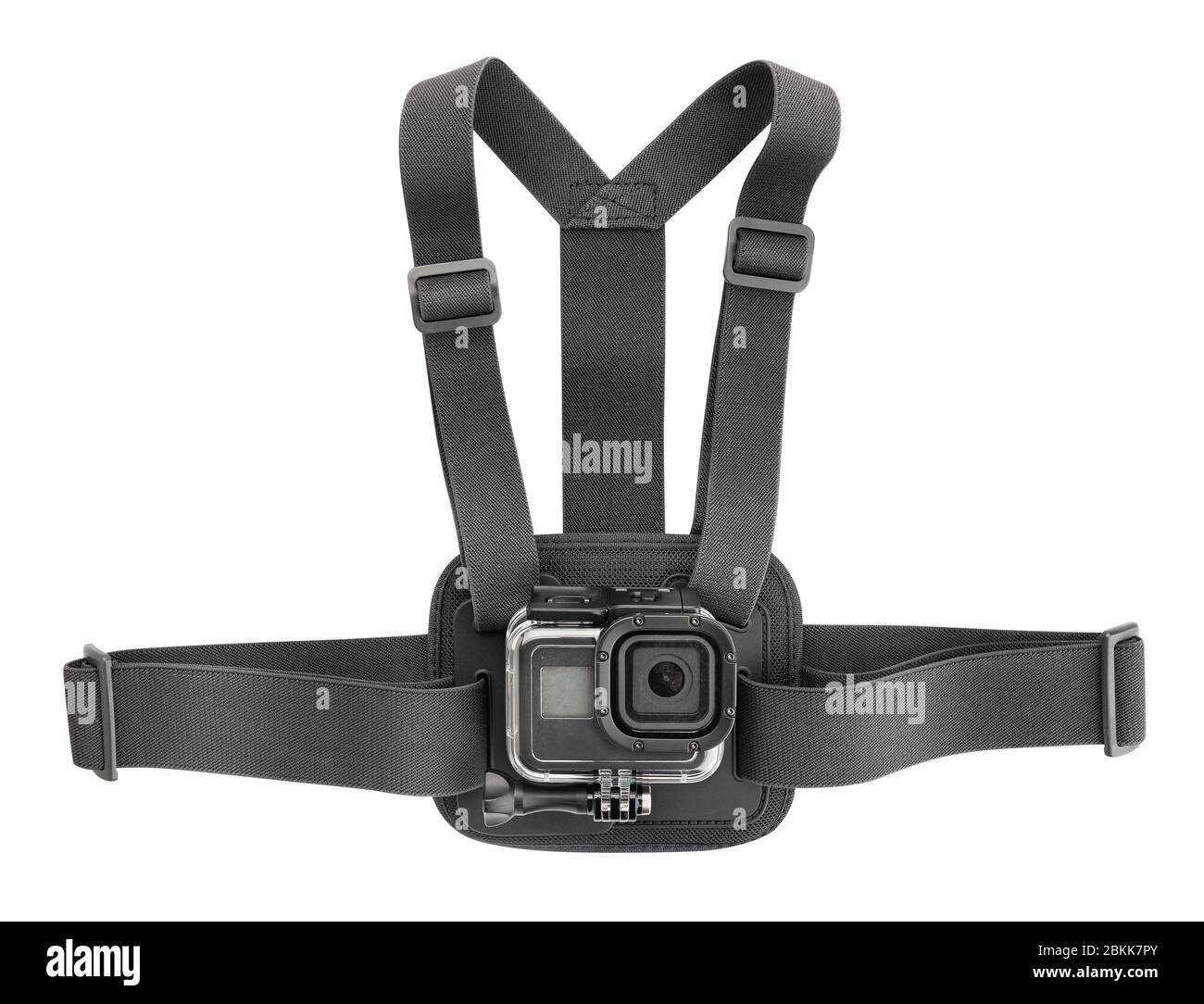 Action Kamera Brustwandhalterung isoliert auf weiß Stockfoto
