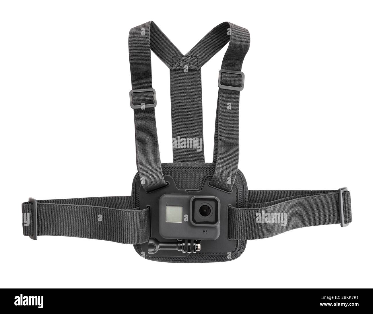 Action Kamera Brustwandhalterung isoliert auf weiß Stockfoto