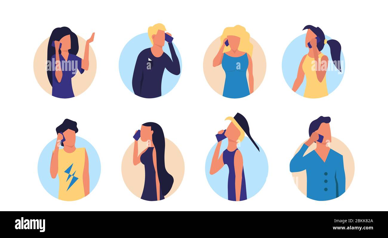 Menschen sprechen mit Telefon Vektor Cartoon Illustration Set Kommunikation. Mann und Frau rufen mit Telefon an. Chat-Konzept für Konversationsdiskussion. Sozial Stock Vektor