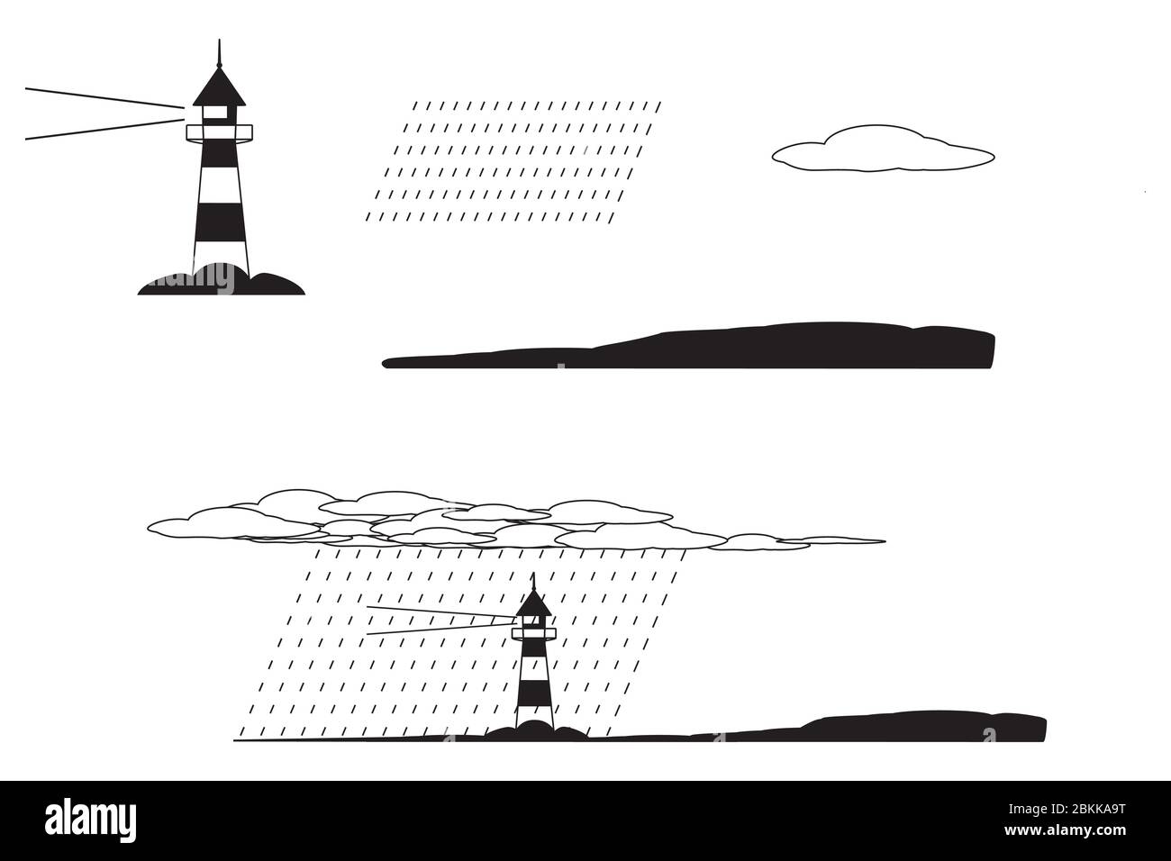 Leuchtturm am Ufer mit Wolken und Regen. Schwarze und weiße Piktogramme auf weißem Hintergrund isoliert. EPS-Vektor Stock Vektor