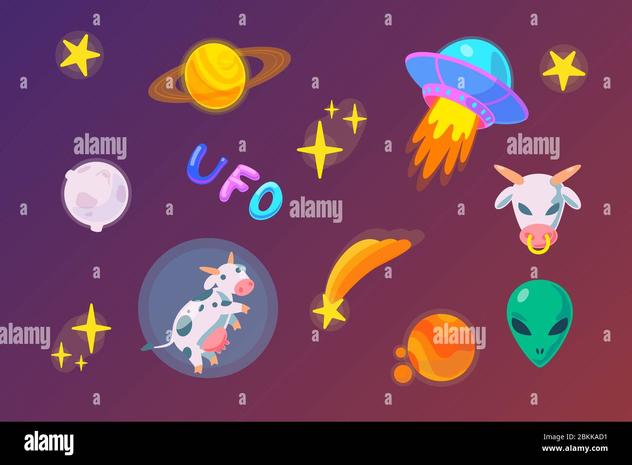 Flache ufo Sticker-Pack im Fantasy-Stil. Alien Doodle Symbol Set Illustration. Raum kindliche Vektor-Objekt. Raumschiff, Aliens, Kuh, Sterne, Komet, saturn, Mond, mars digitale Clipart. Stock Vektor