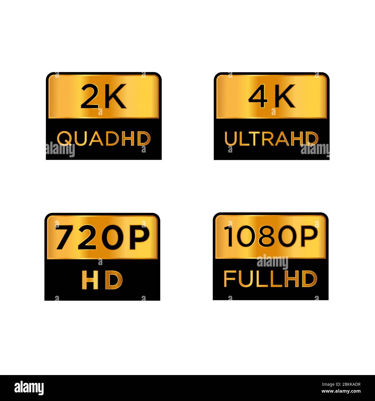 Golden 2K Quad hd, 4k Ultra hd, 720 hd und 1080p Full hd Video Resolution Icon Logo; High Definition TV / Game Screen Display Label Stock Vektor