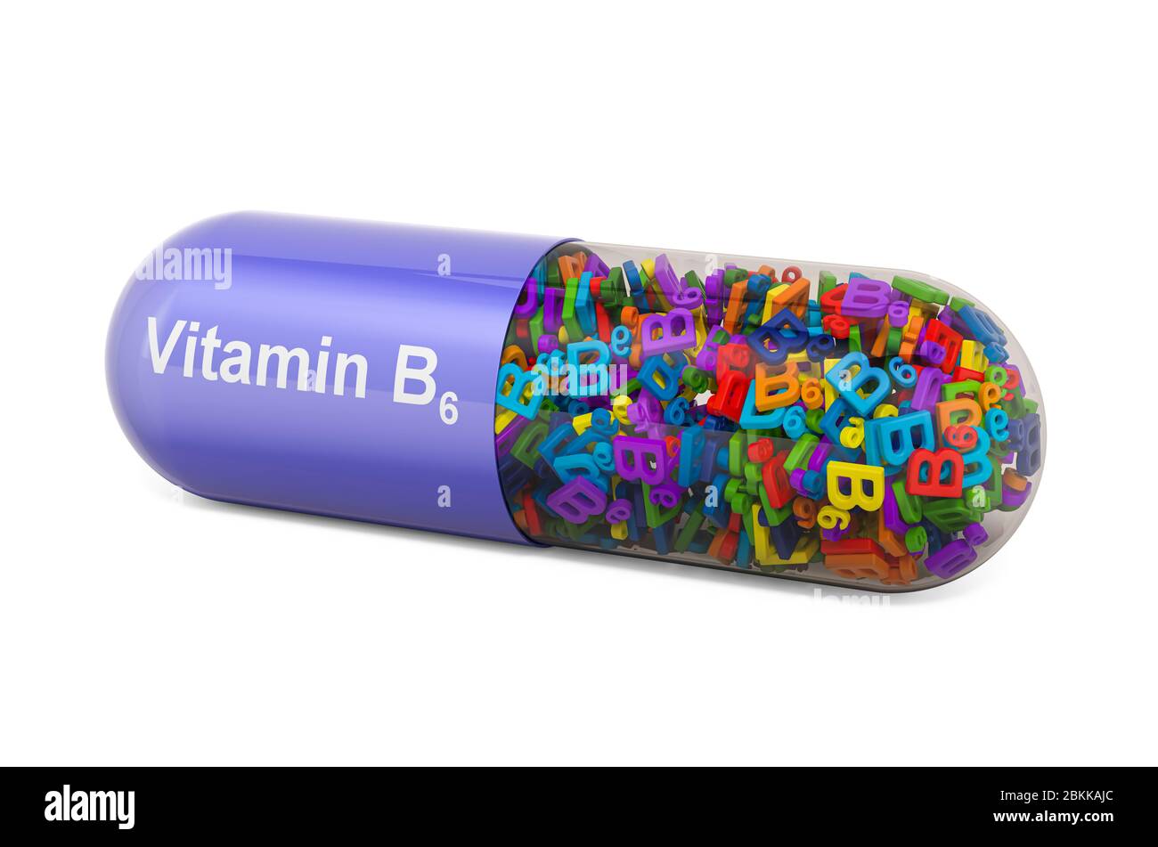 Vitaminkapsel B6, Pyridoxin. 3D-Rendering auf weißem Hintergrund isoliert Stockfoto