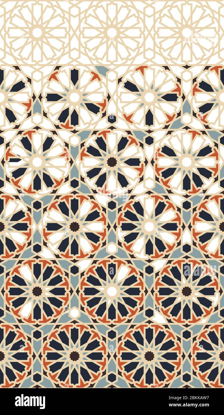 Marokko Farbe Tapete mit geometrischen Blumen. Arabesque Vektor-Wallpaper. Geometrisch reiches Bordüre-Muster mit goldener Arabeske Auflösung Stock Vektor