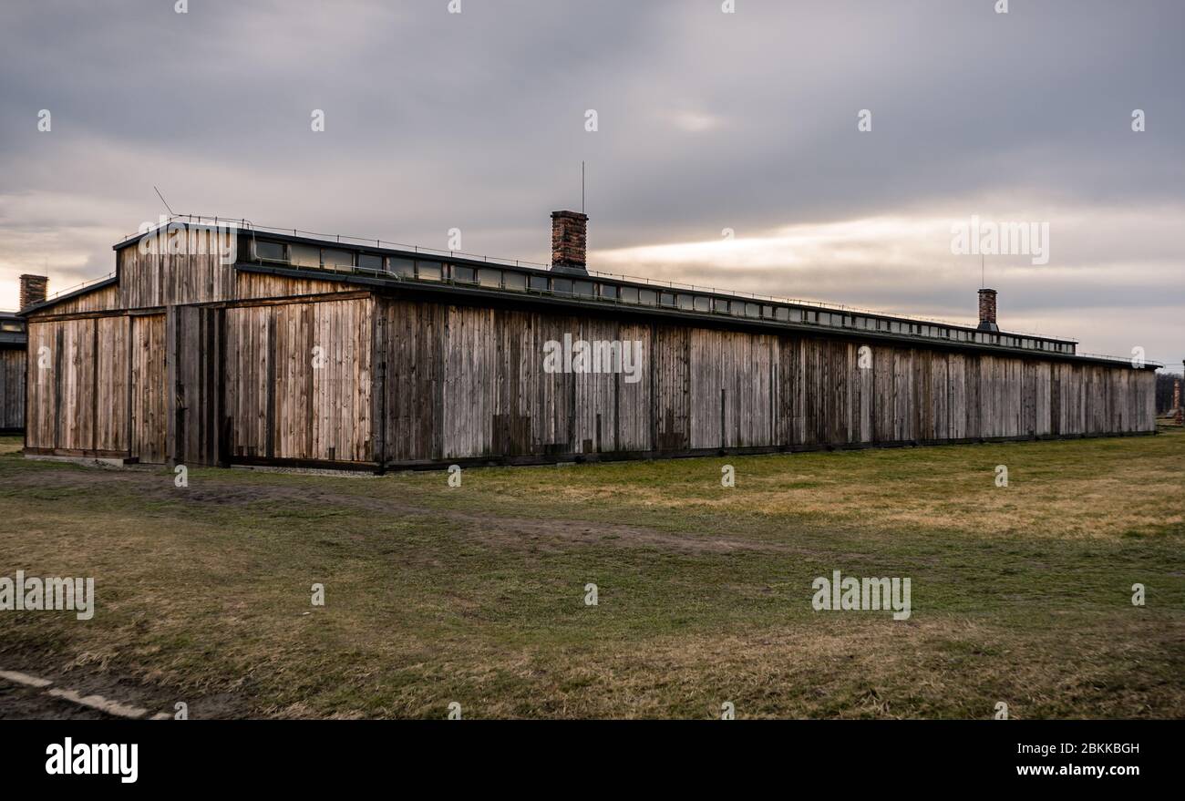 Kriegsgefangenenhütten, Auschwitz II, Polen. Stockfoto