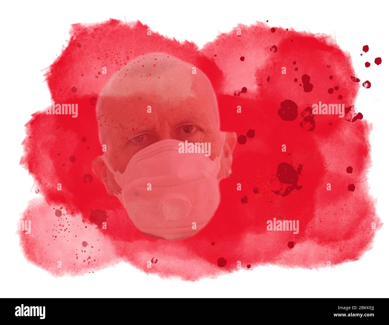 Mann mit einer medizinischen Gesichtsschutz Maske umgeben von blutigen roten Wolke spritzt in Aquarell. Corona Covid-19-Virenquarantänekonzept. Digitale g Stockfoto