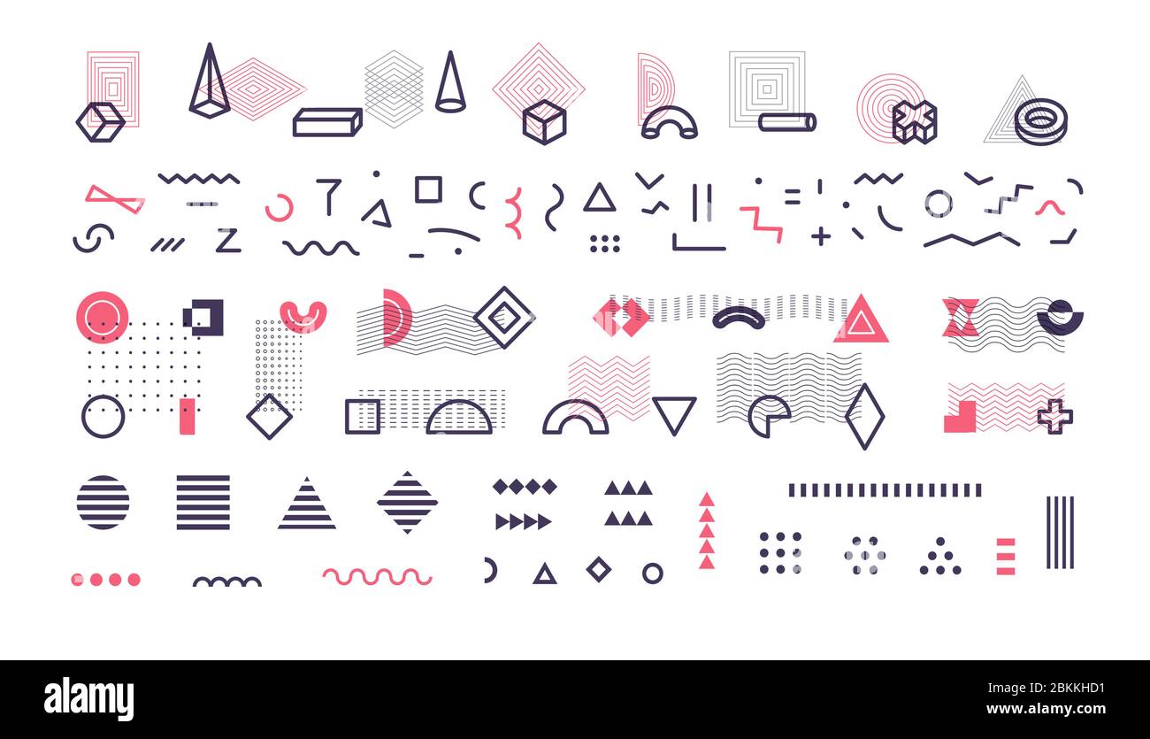 Einfache geometrische Linien, memphis Stil Formen und Muster, große Sammlung für memphis Design schmücken, dekorative geometrische Elemente gesetzt Stock Vektor