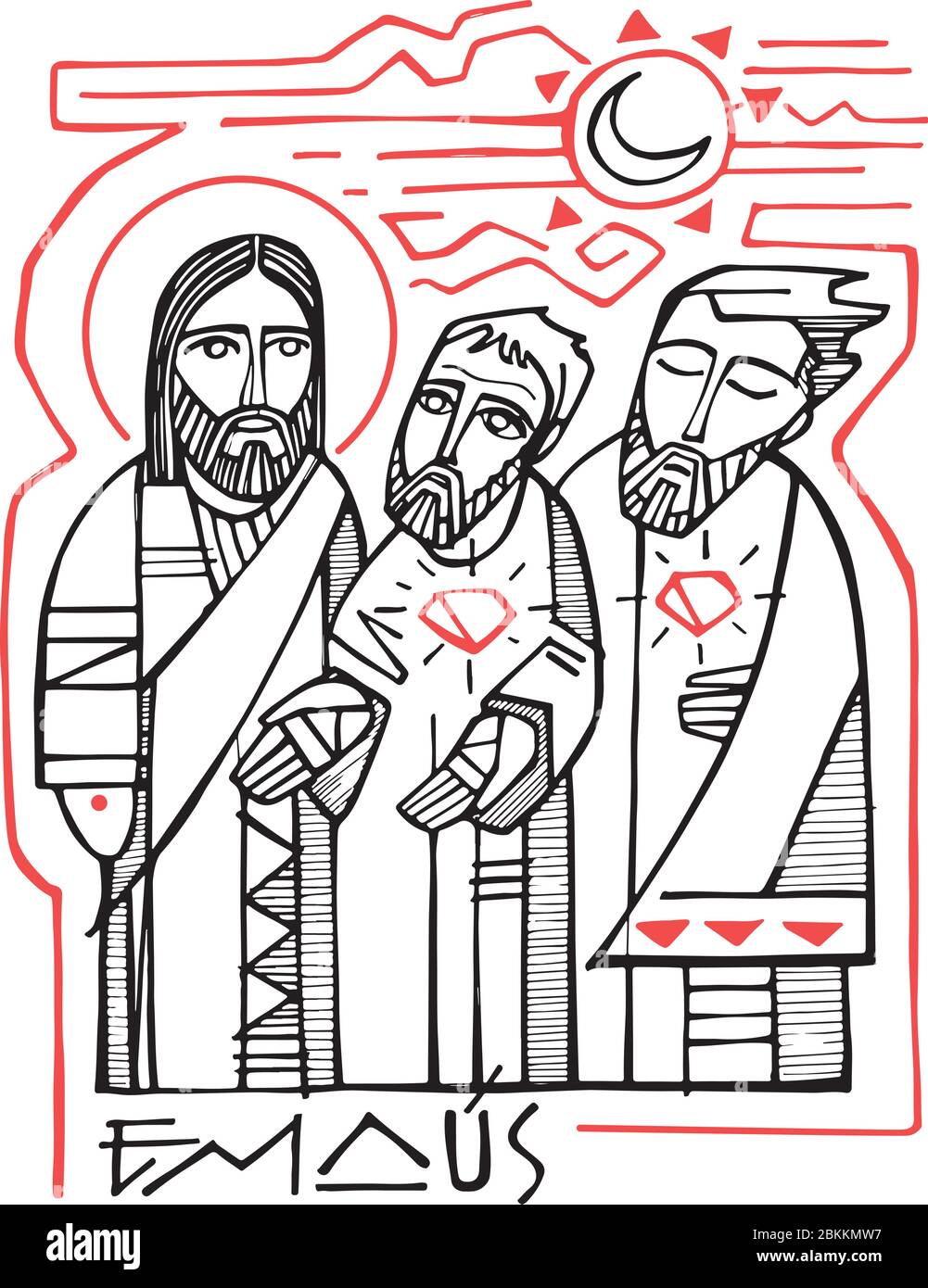 Hand gezeichnete Vektor-Illustration oder Zeichnung von Jesus Christus mit zwei Jüngern in Emaus Stock Vektor