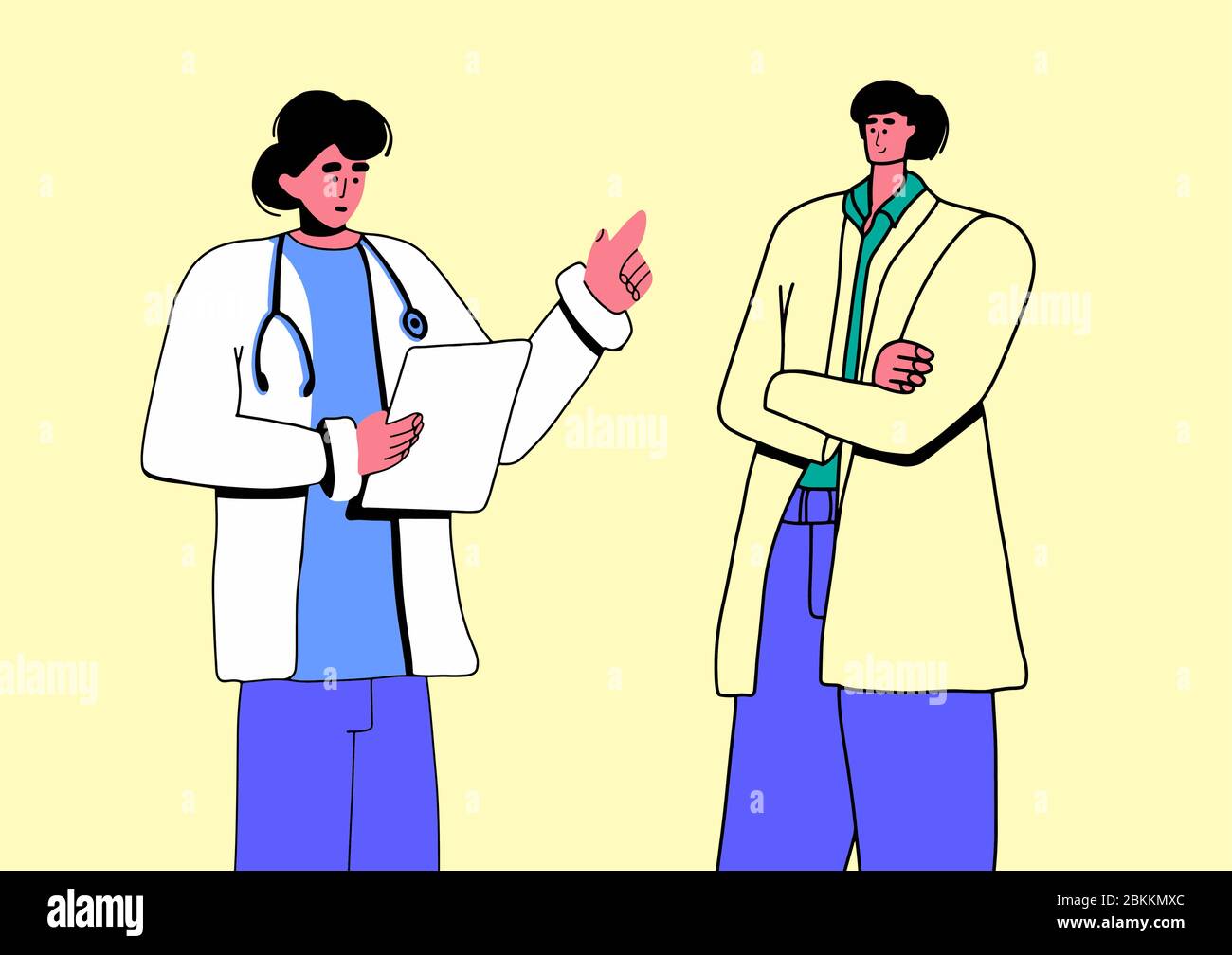 Der Arzt spricht mit dem Patienten. Diagnose wird erstellt. Medizinisches Konzert im flachen Cartoon-Stil. Menschen kommunizieren. Zwei junge Männer isoliert. Stock Vektor