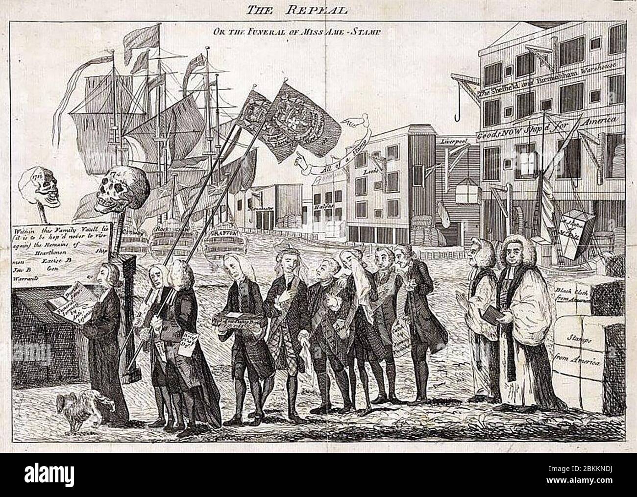 Die Aufhebung oder die Beerdigungsprozession der Miss America Stamp. Aufhebung des Stamp Act der Sarg wird von George Grenville, der von Bute, der Herzog von Bedford, Temple, Halifax, Sandwich und zwei Bischöfe gefolgt - 1766 Stockfoto