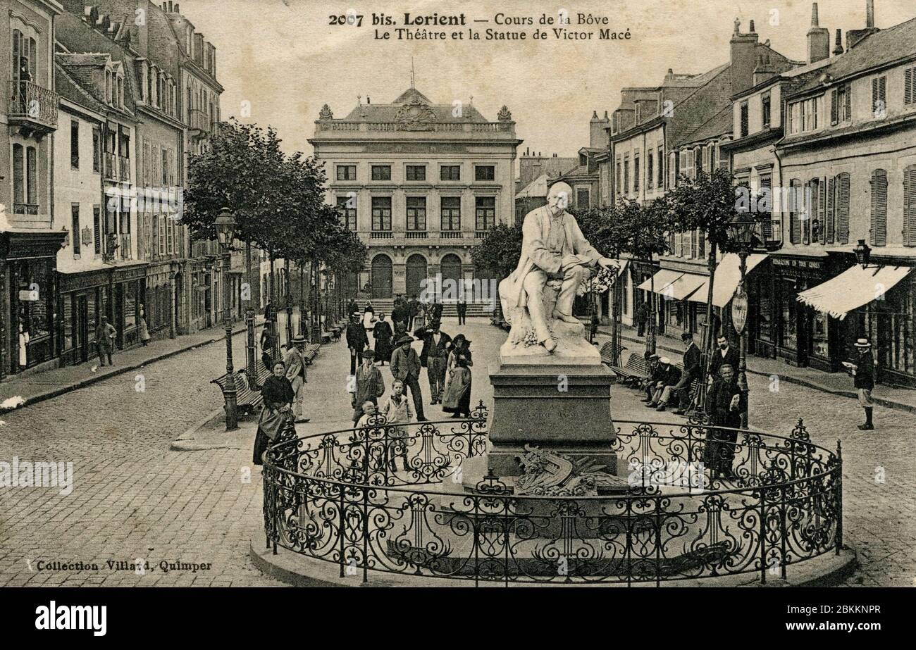Die Cours de la Bove, das Theater und die Statue von Victor Mace in Lorient im Departement Morbihan, Frankreich, 1907 Stockfoto
