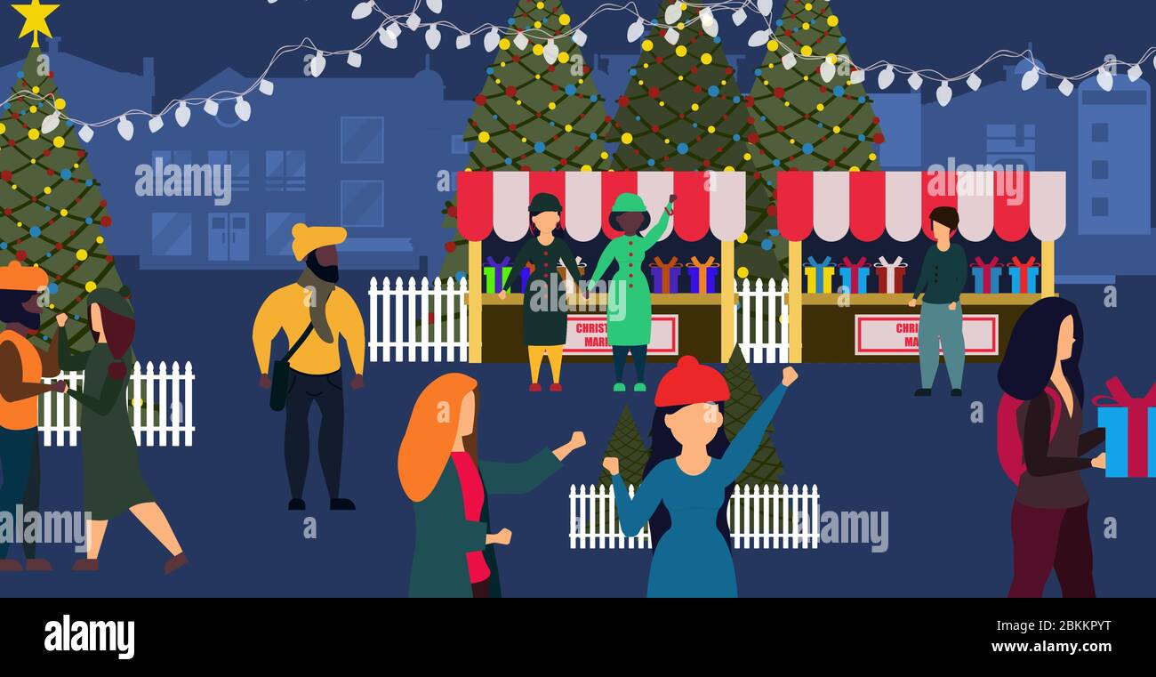 Weihnachtsmarkt Shop Vektor Winter Karte Illustration Stadt. Leute auf der Straße mit Paar Stadt Lifestyle Urlaub Banner. Feier Hintergrund mit gi Stock Vektor