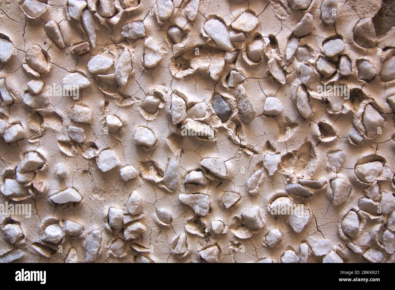 Textur bestehend aus kleinen Natursteinen an einer Wand zur Dekoration befestigt Stockfoto