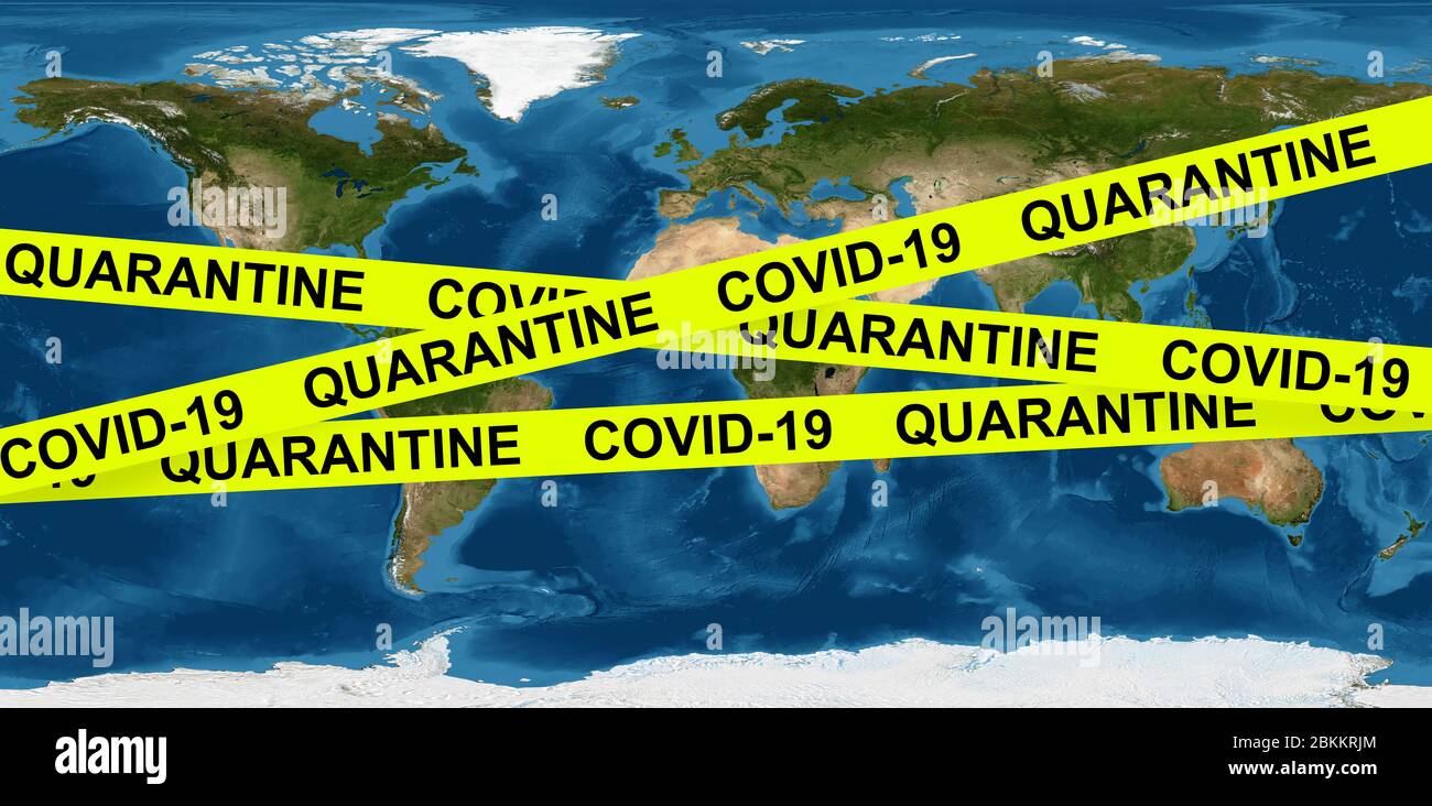 COVID-19 Coronavirus Pandemie und Quarantäne Konzept, Vorsicht Band auf der Erdkarte. Die Weltwirtschaft trifft durch Ausbruch des Corona-Virus, globale Krise durch COV Stockfoto