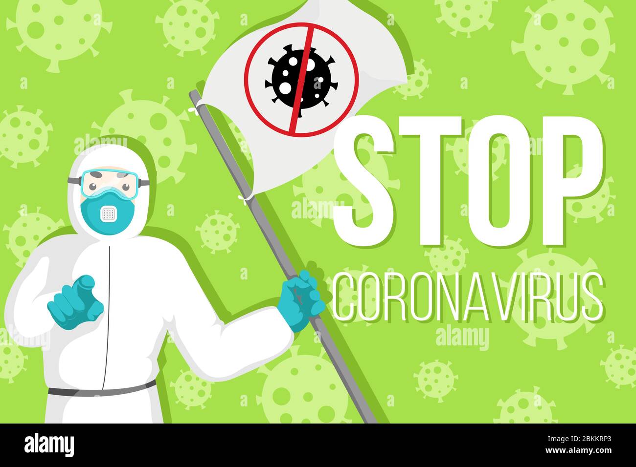 Vektor-Motivationsillustration mit Arzt im Schutzanzug mit Gesichtsmaske mit Fahne mit Symbol Stop Coronavirus auf grünem Hintergrund. Stock Vektor