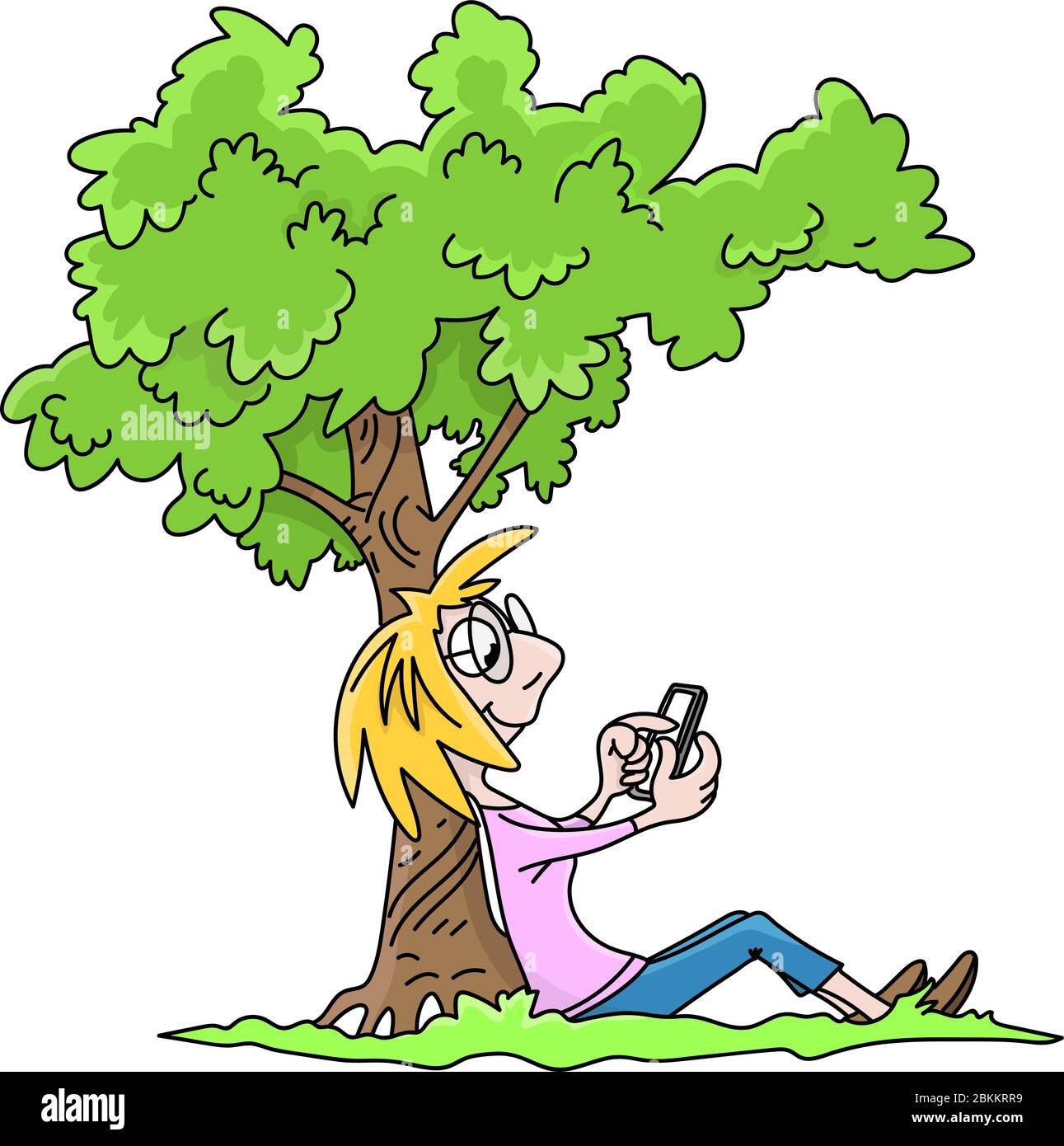 Cartoon Frau sitzt unter einem Baum Überprüfung ihrer Social-Media-Nachrichten auf ihrem Handy Vektor-Illustration Stock Vektor