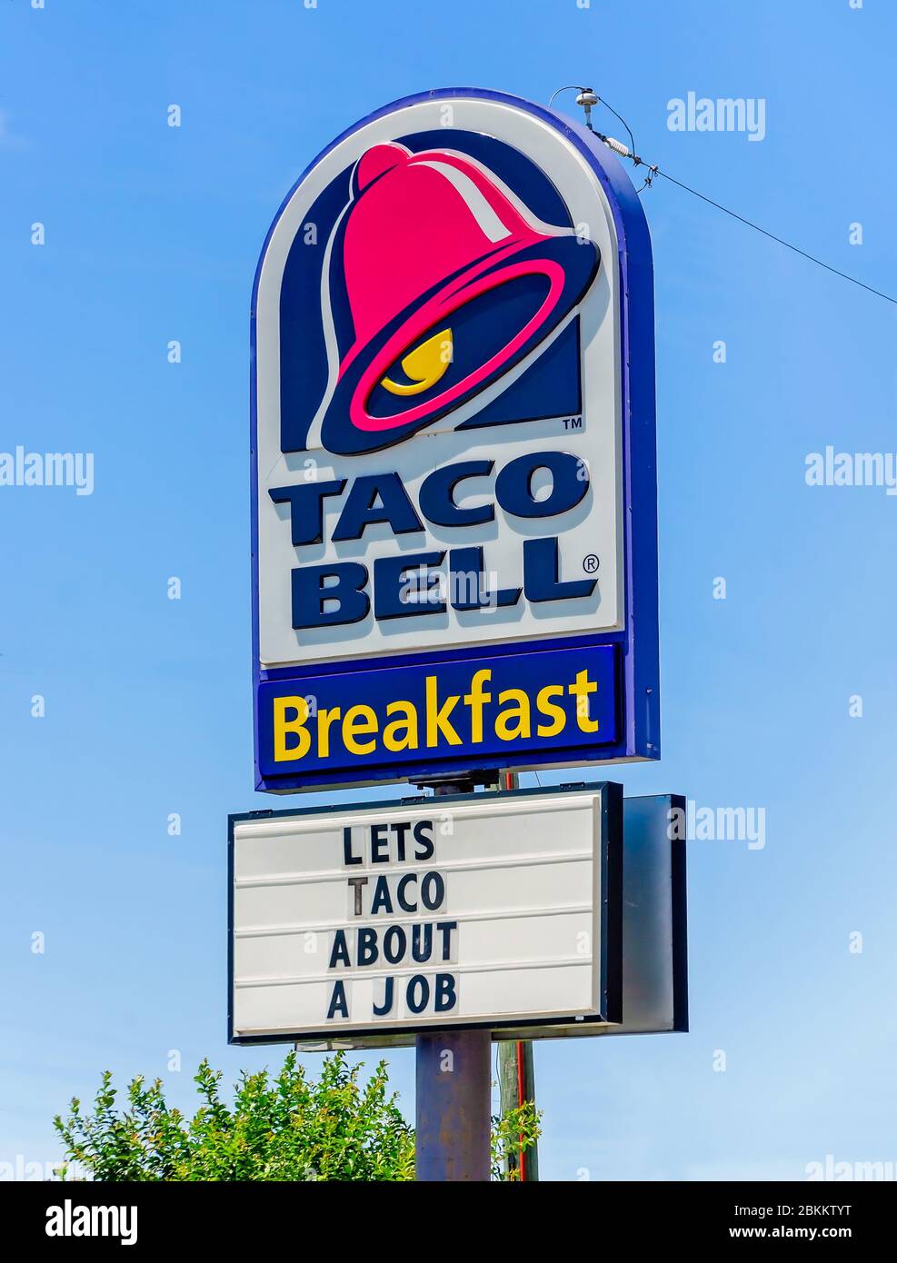 Ein Taco Bell Zeichen lässt Kunden wissen, dass es mit der Nachricht anstellt, "Lassen Sie uns Taco über einen Job," 1. Mai 2020, in Gulfport, Mississippi. Stockfoto