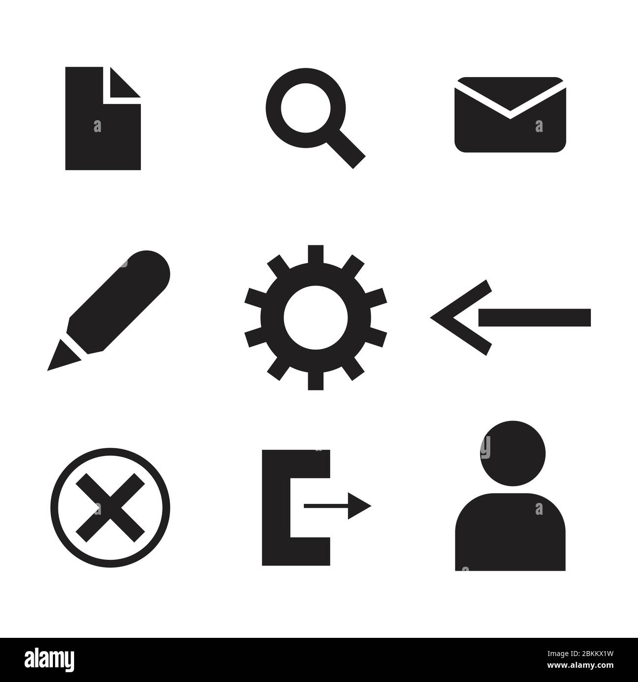 Digitale Symbole Des Computers. Set von Datei-Suche Mail-E-Mail Stift bearbeiten Einstellungen Zahnrad Pfeil zurück beenden schließen Escape Benutzer Person isoliert auf einem weißen Rücken Stock Vektor