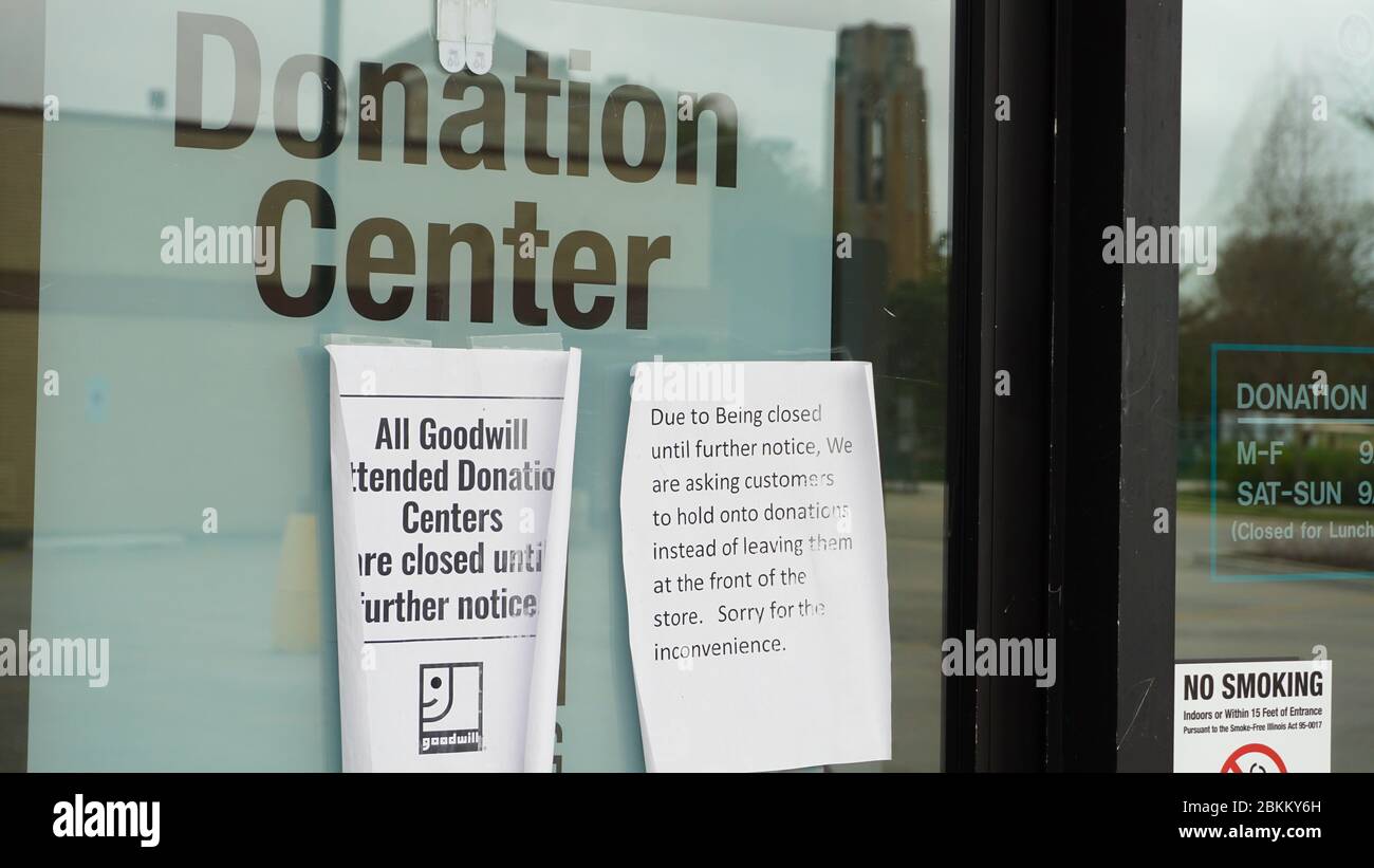 Goodwill Industries Donation Center in der Vorstadt Chicago vorübergehend geschlossen während COVID-Krise. Das Zentrum nimmt keine Spenden an. Stockfoto