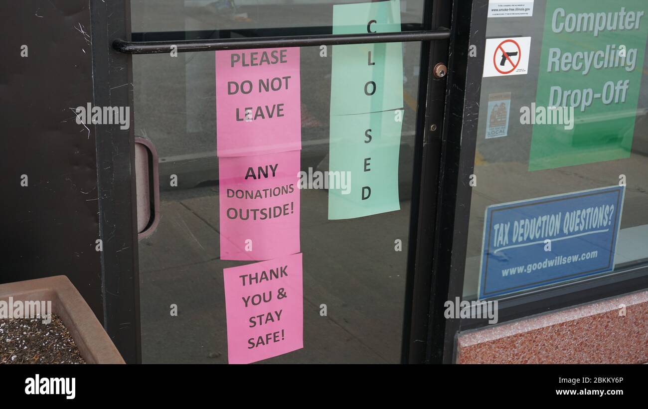 Goodwill Industries Donation Center in der Vorstadt Chicago vorübergehend geschlossen während COVID-Krise. Das Zentrum nimmt keine Spenden an. Stockfoto