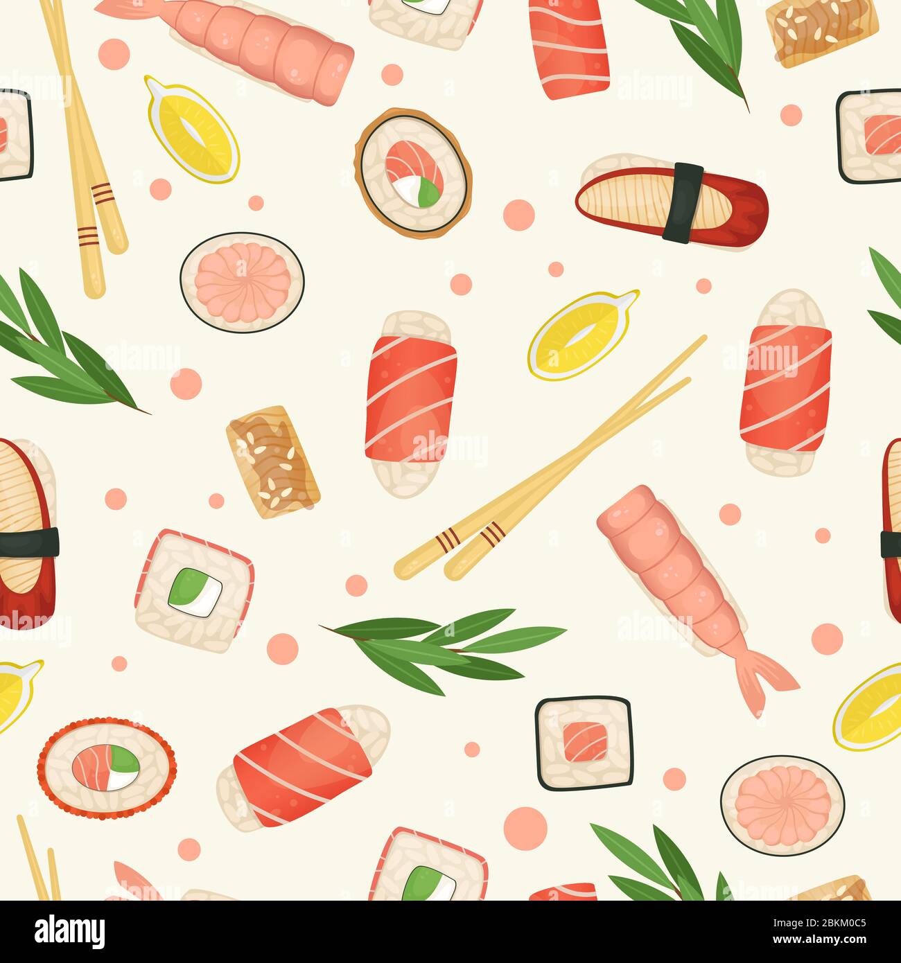 Sushi und Brötchen mit nahtlosem Muster. Japanische Küche. Flache Darstellung. Stock Vektor