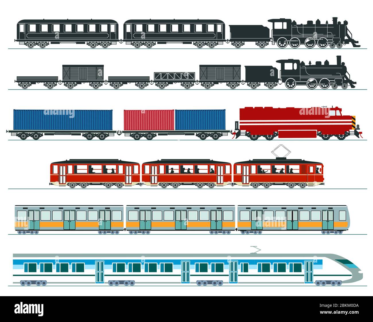 Personenzüge. U-Bahn, Hochgeschwindigkeitszüge, Dampfzug. Vektorgrafik Stock Vektor