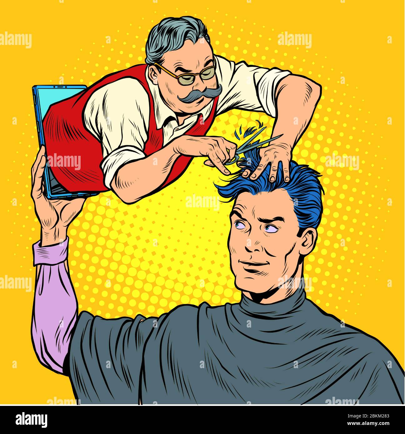 Remote work online help. Ein männlicher Barber macht einen Haarschnitt Stock Vektor