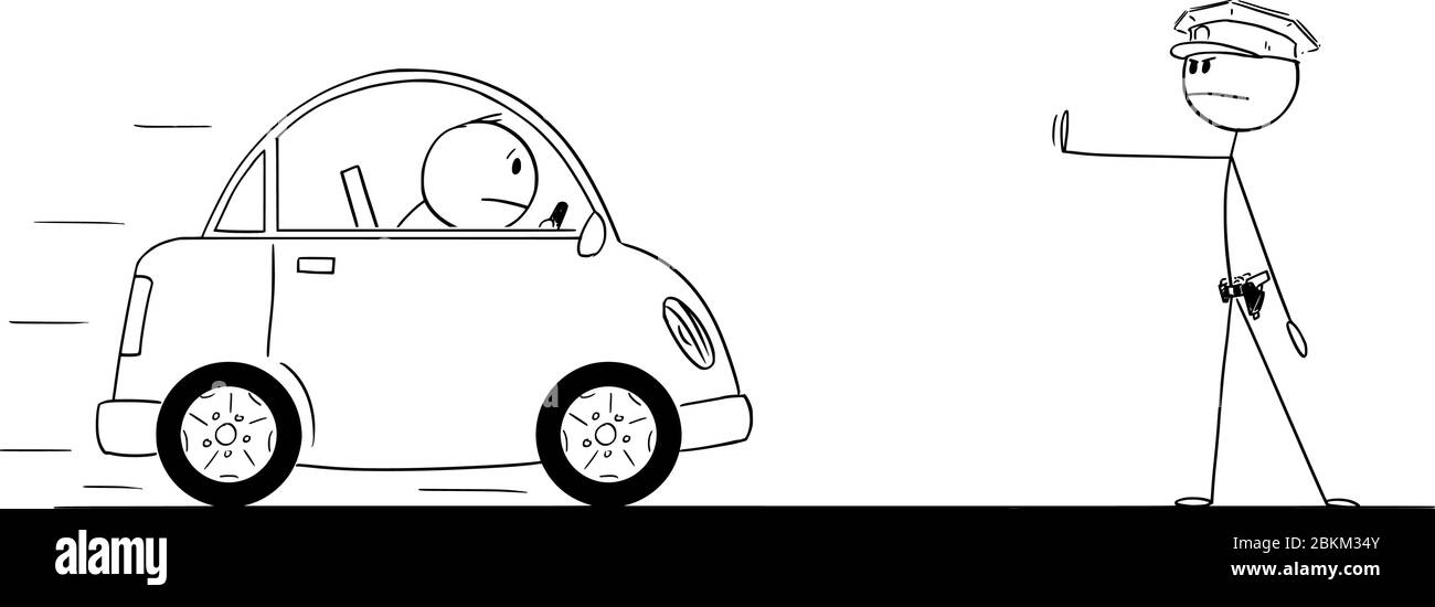 Vektor Cartoon Stick Figur Zeichnung konzeptionelle Illustration von Polizisten oder Verkehrspolizei stoppt das Auto. Stock Vektor