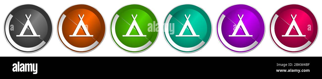 Camp Icon Set, Silber metallic Chrom Grenze Vektor Web-Buttons in 6 Farben Optionen für webdesign Stock Vektor