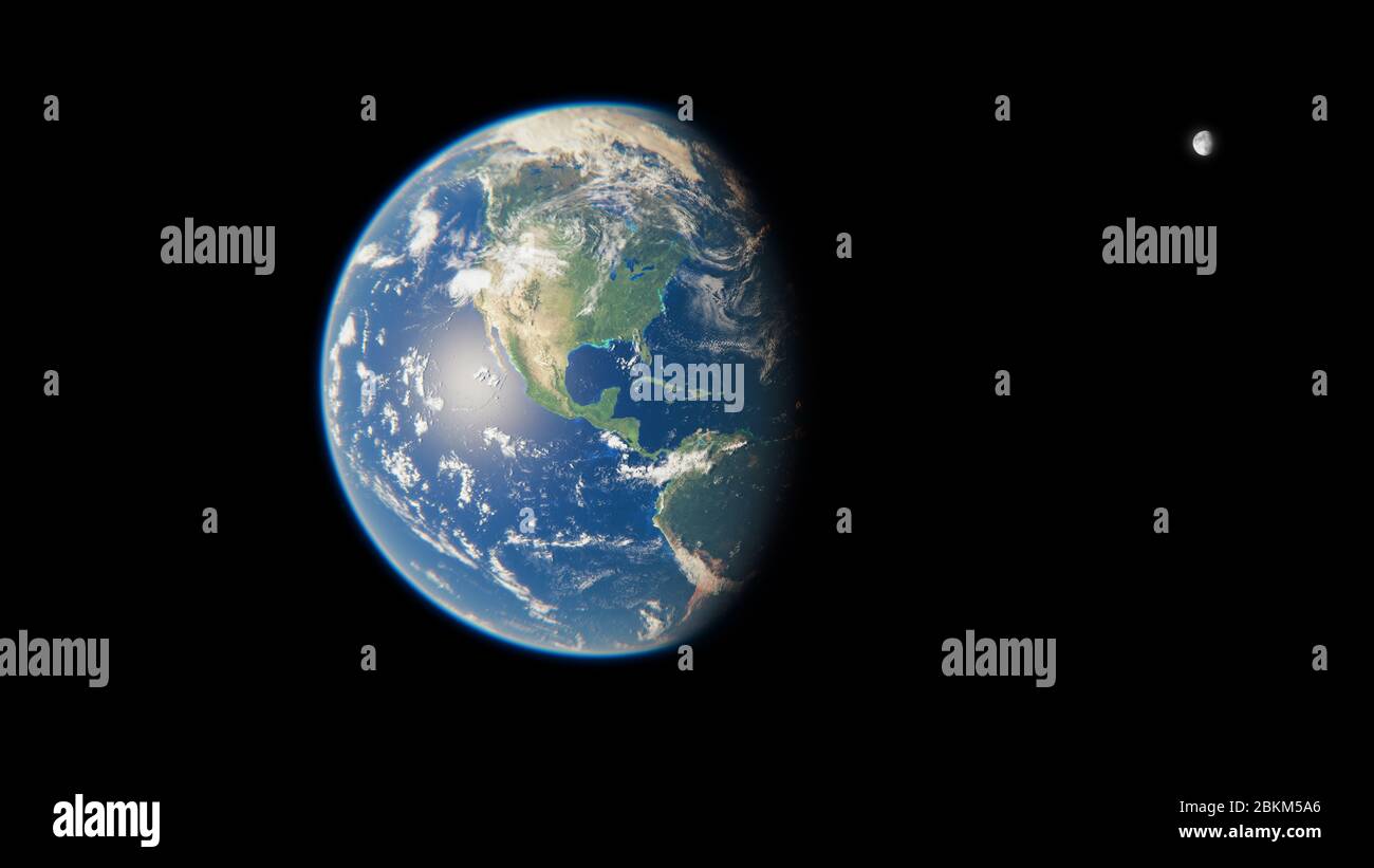 Nordamerika aus dem All bei Tag - Kanada, Vereinigte Staaten von Amerika und Mexiko - Planet Erde und Mond - der blaue Marmor - 3D Illustration Stockfoto