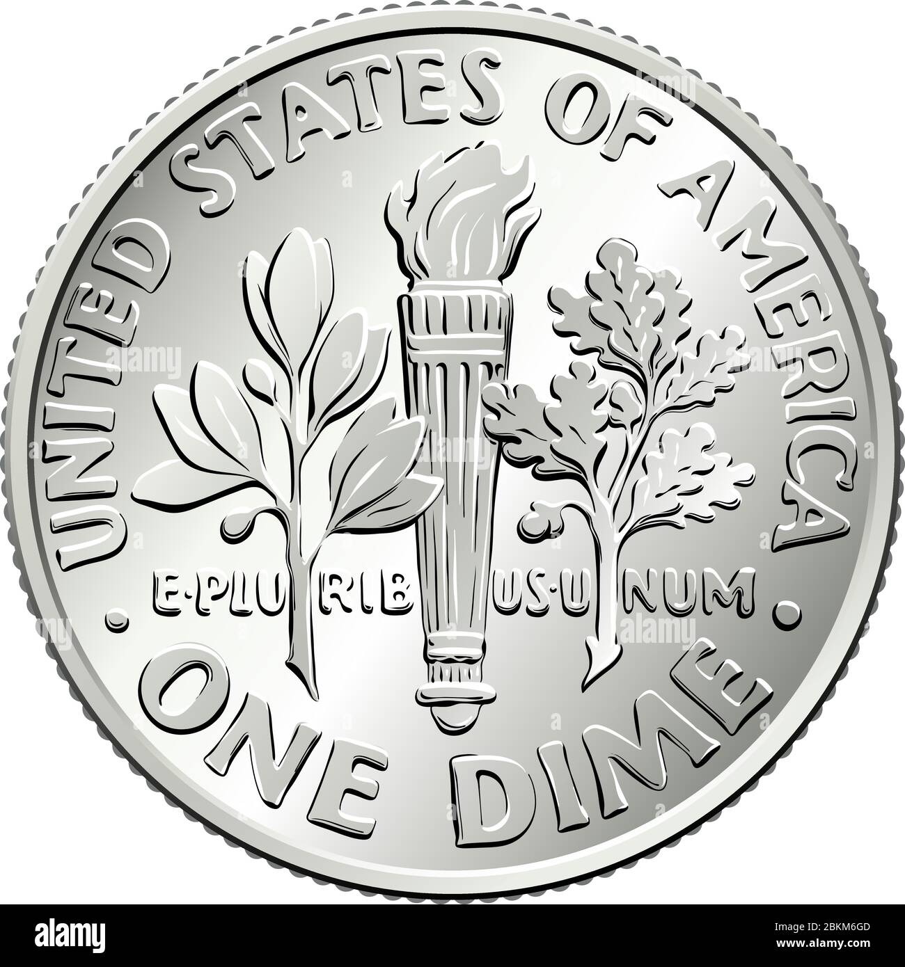 Amerikanisches Geld Roosevelt Dime, Vereinigte Staaten eine Cent- oder 10-Cent-Silbermünze, Olivenzweig, Fackel, Eichenzweig auf der Rückseite Stock Vektor