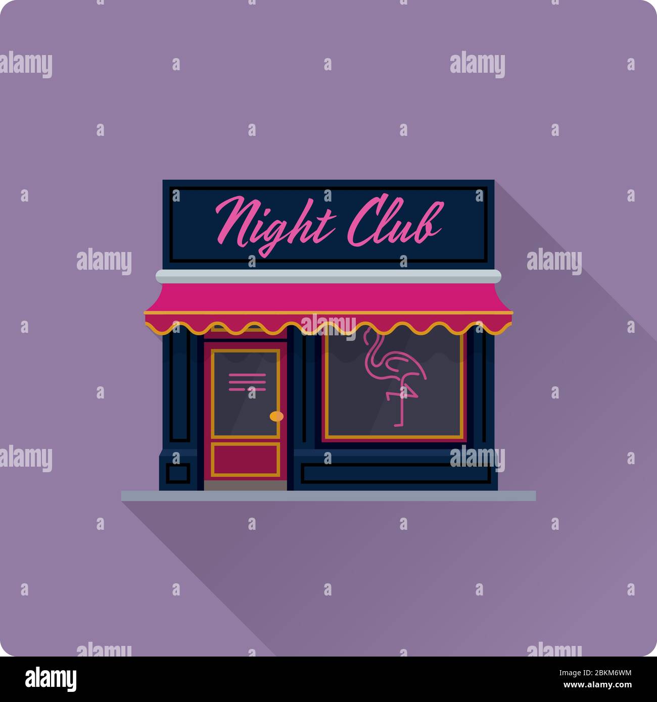 Flaches Design lange Schatten Nachtclub Gebäude Vektor-Illustration. Erwachsene Bar Fassade mit und rosa Flamingo Zeichen und Markise. Stock Vektor