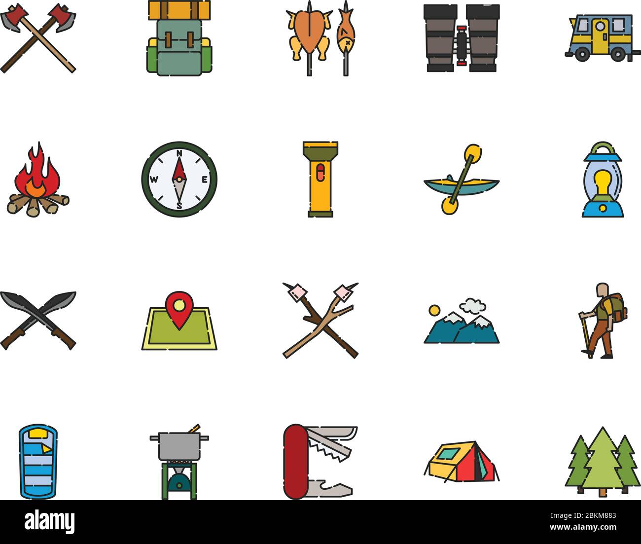 Camping Icon Collection gefüllt Outline Style Pixel perfekte Ikone Stock Vektor