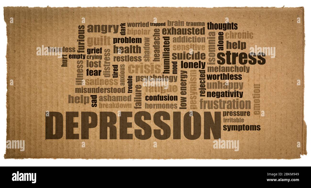 Depression Wort Wolke auf einem Stück Wellpappe, Wohlbefinden und psychische Gesundheit Konzept Stockfoto