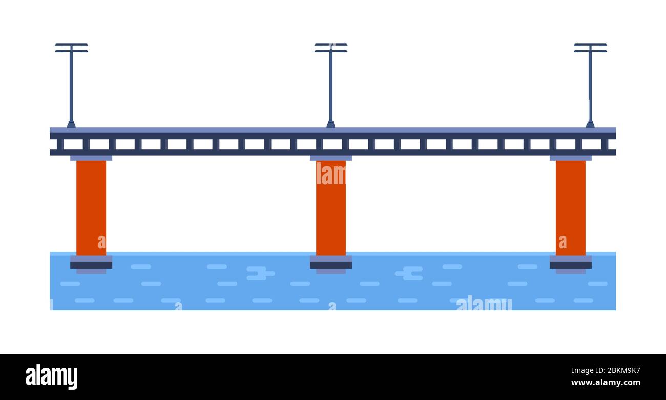 Bridge Vektor Illustration. Stadt-Architektur-Element mit Kabeln, Autobahn und Brücke-Bau über den Fluss mit Fahrbahn isoliert und Stock Vektor