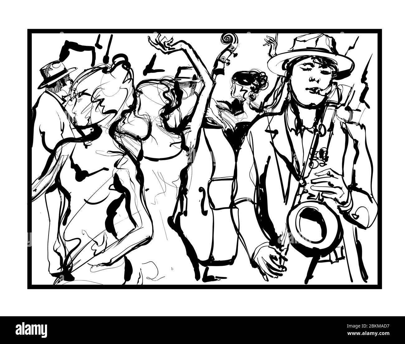 Party-Leute, die Spaß im Nachtclub mit Saxophonist und Kontrabass - Vektor-Illustration (ideal für den Druck auf Stoff oder Papier, Poster oder Tapetenpapier Stock Vektor