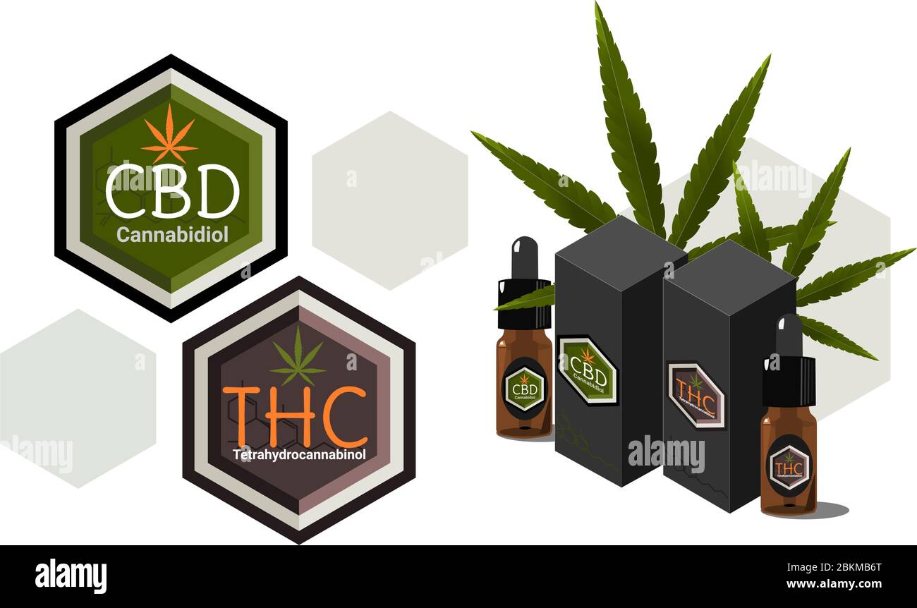 Vektor-Design Gesundheit und medizinisches Konzept Symbol oder Logo für CBD-Cannabinoide und THC Tetrahydrocannabinol-Produkte und Ölpackage Stock Vektor