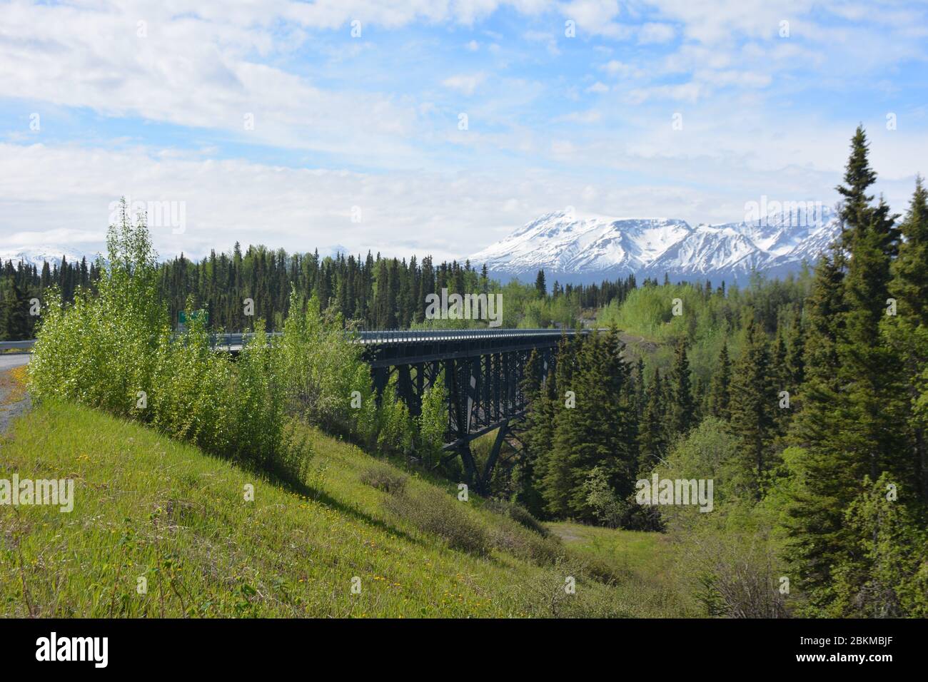 Die Kuskulana Bridge auf der McCarthy Road, Wrangell - St Elias National Park, Alaska, USA, stammt aus dem Jahr 1910. Stockfoto