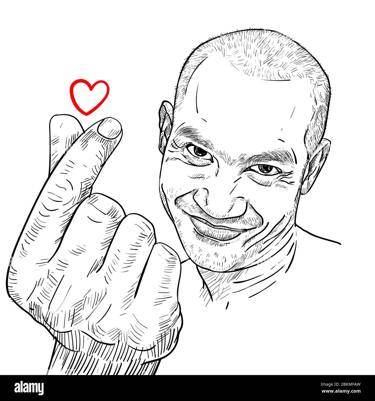 Zeichnung lustige Porträt von asiatischen Kerl zeigt Mini Herz der Hand Zeichen mit kleinen REA Herz. vektor-Illustration. Stock Vektor