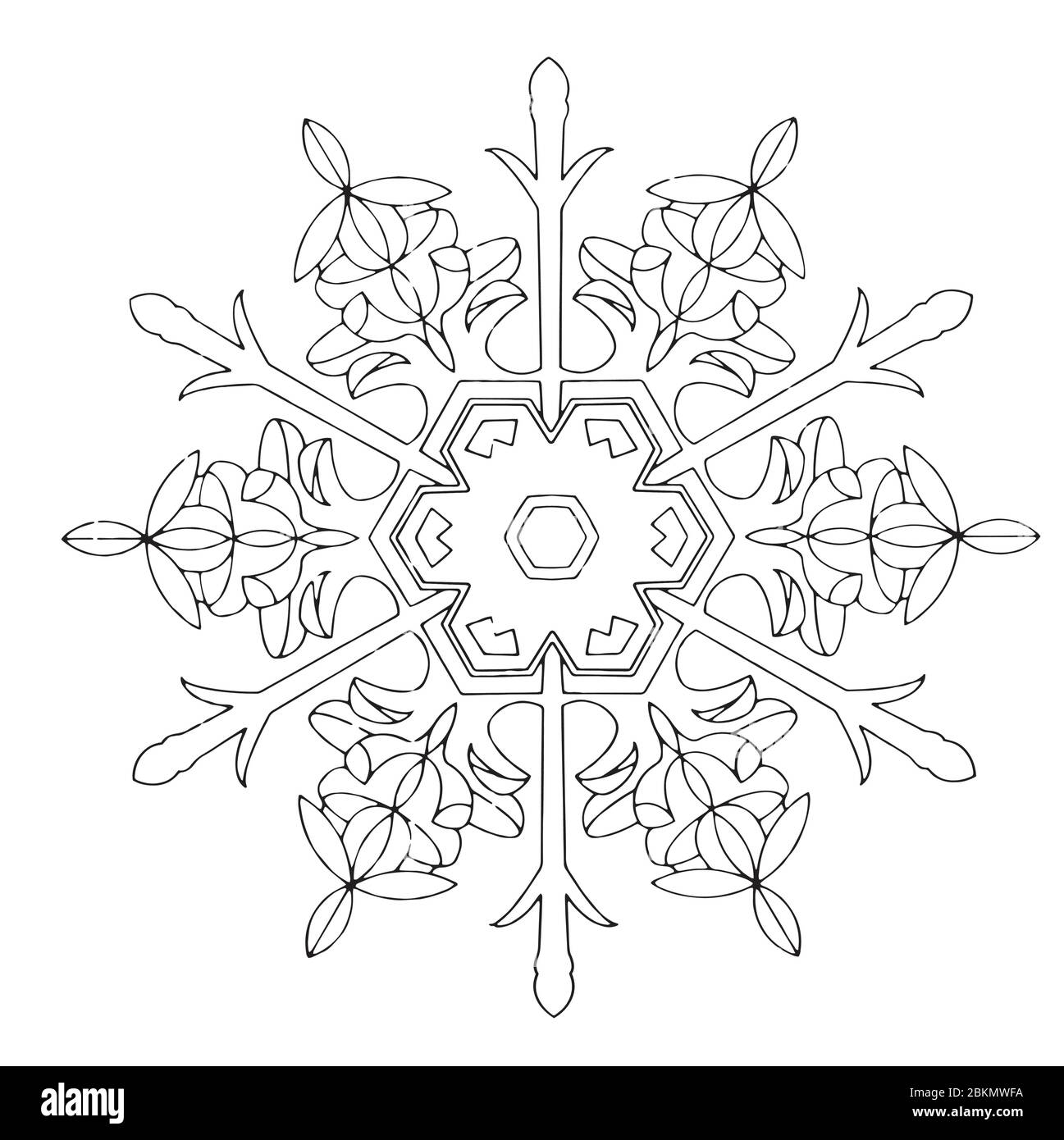 Symmetrische Schneeflockenkontur, schwarze Linie auf weißem Hintergrund Stock Vektor