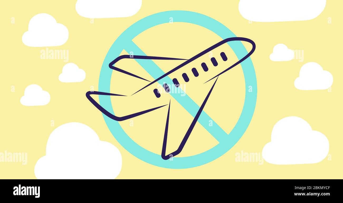 Digitale Illustration eines verbotenen Schildes mit fliegendem Flugzeug In ihm während Coronavirus covid19 pande Stockfoto