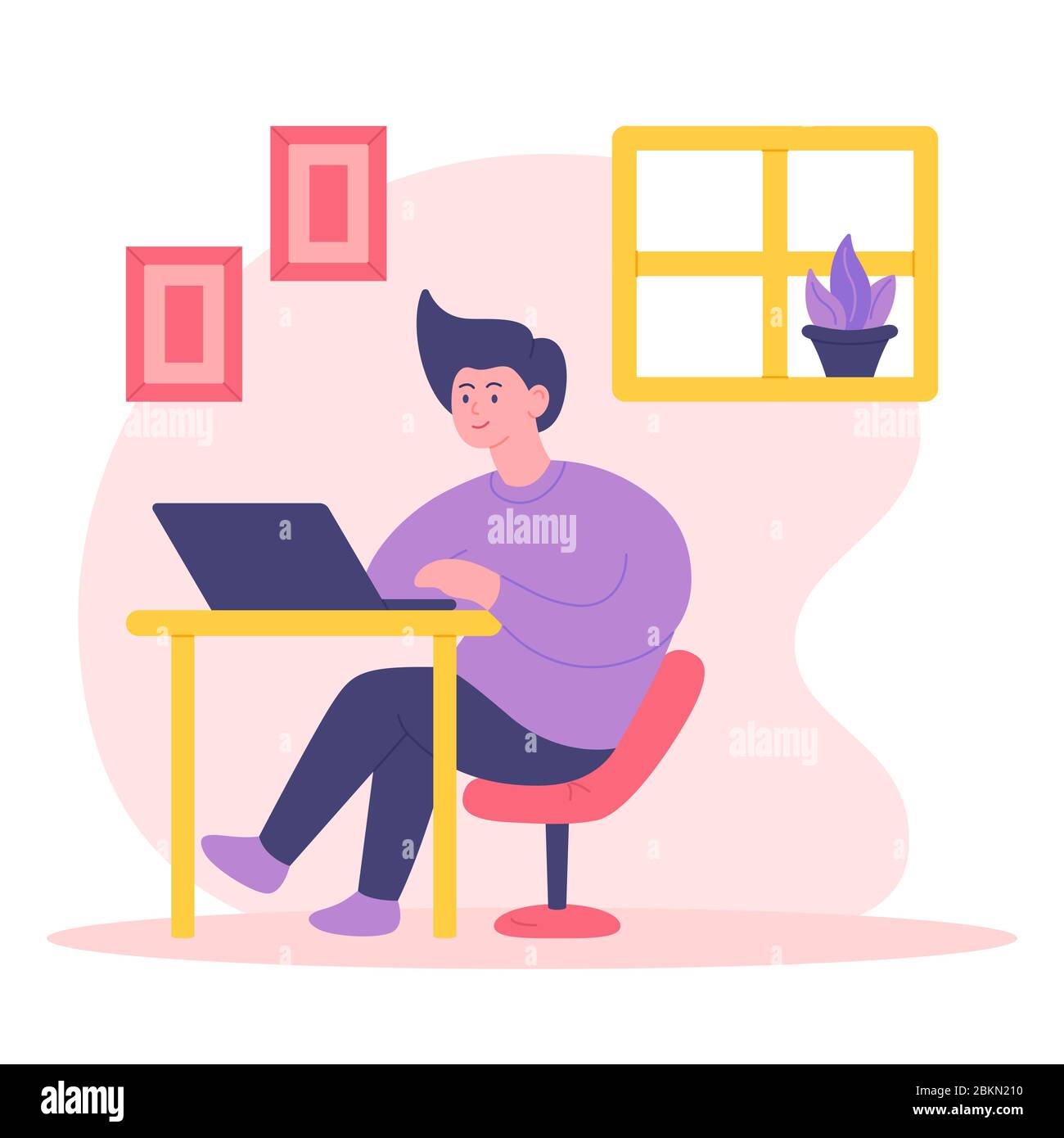 Abbildung des Konzepts „Bleib zu Hause“. Männer sind vor dem Laptop arbeiten von zu Hause aus. Selbstisolierung, Quarantäne durch Coronavirus. Vektorgrafik. Stock Vektor