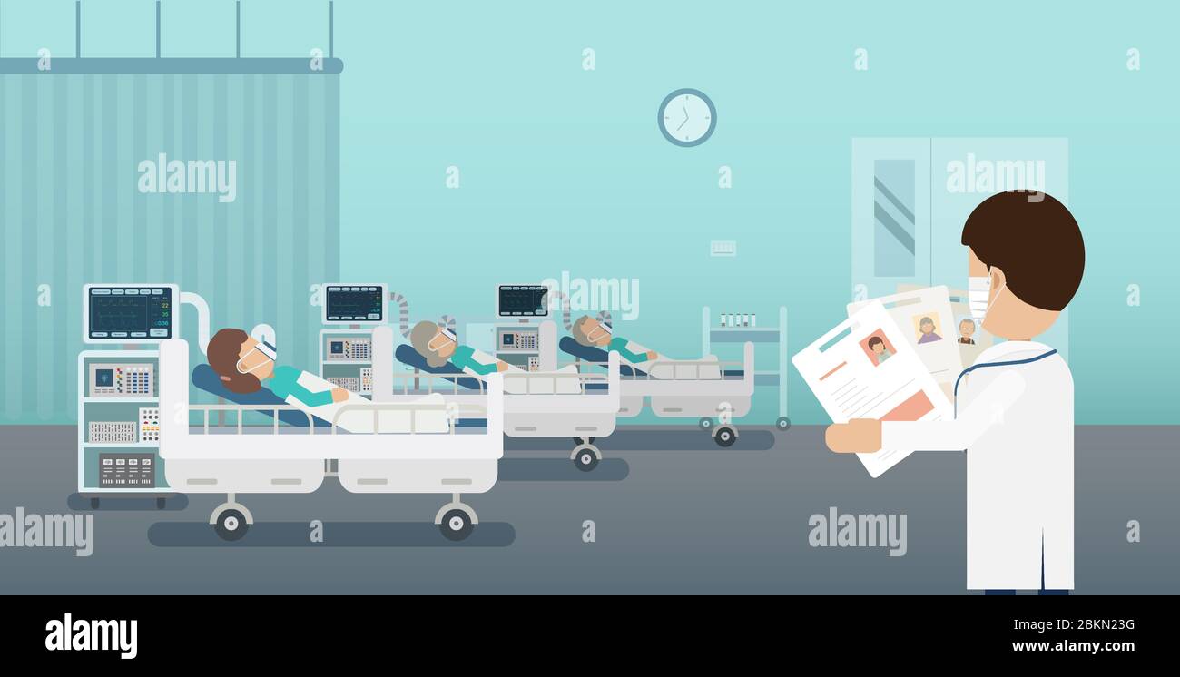 Arzt mit Gruppe von kritischen Patienten und Beatmungsgeräten flache Design Vektor-Illustration Stock Vektor