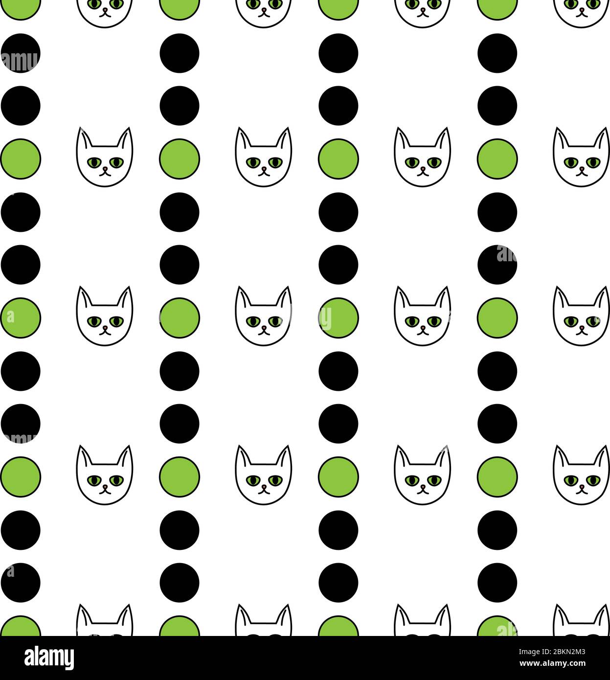 Niedliches nahtloses Muster mit Katzengesichtern und schwarzen und grünen Kreisen Stock Vektor