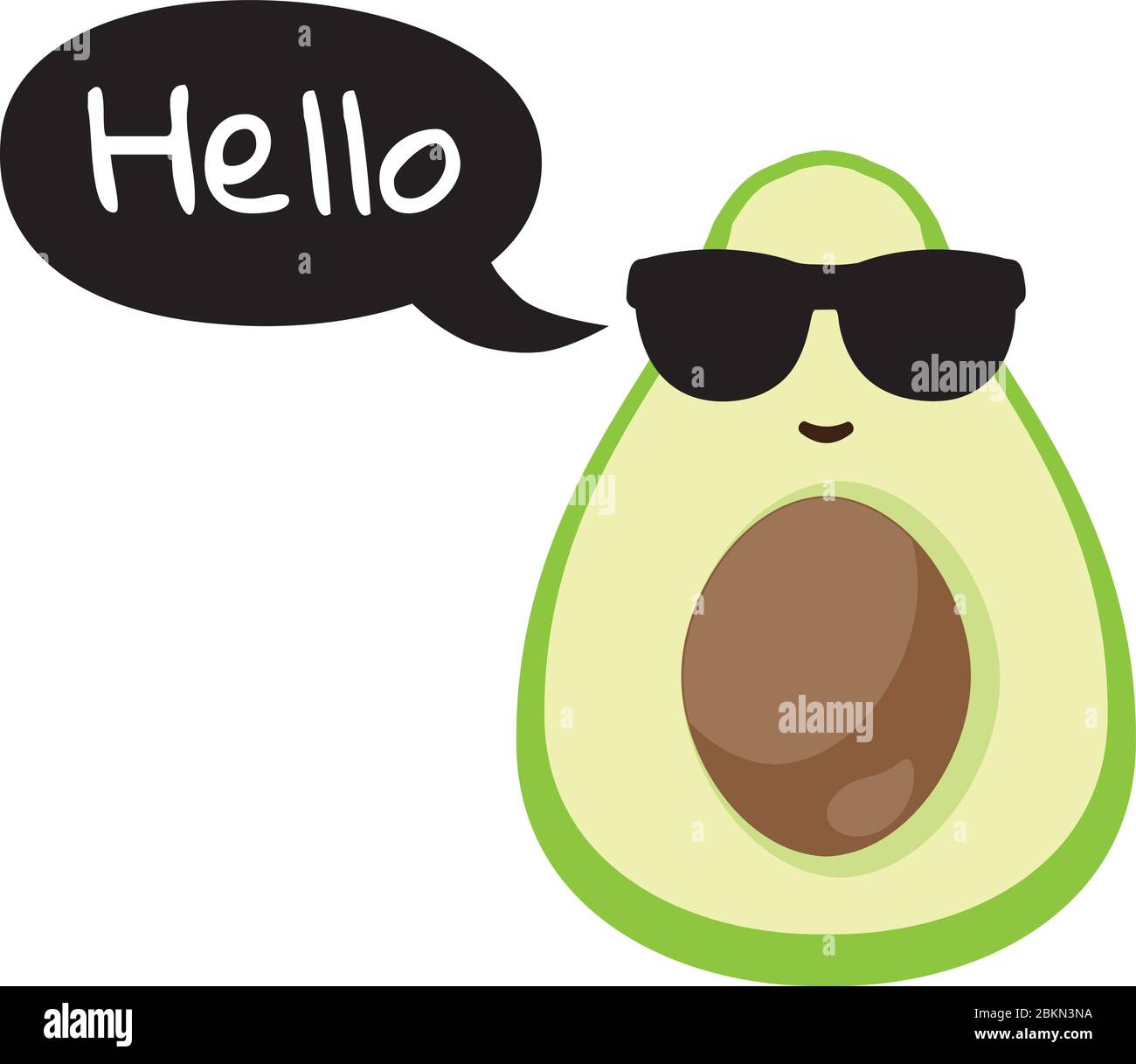 vektor-Illustration eines Avocado in Sungalsses mit Sprechblase und Hello-Text. Lustige Avocado-Vektor. Stock Vektor